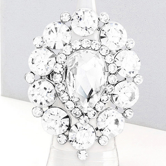 Silver Teardrop Rhinestone Crystal Cluster Stretch Cocktail Ring Fashion Jewelry - Picture 3 of 3